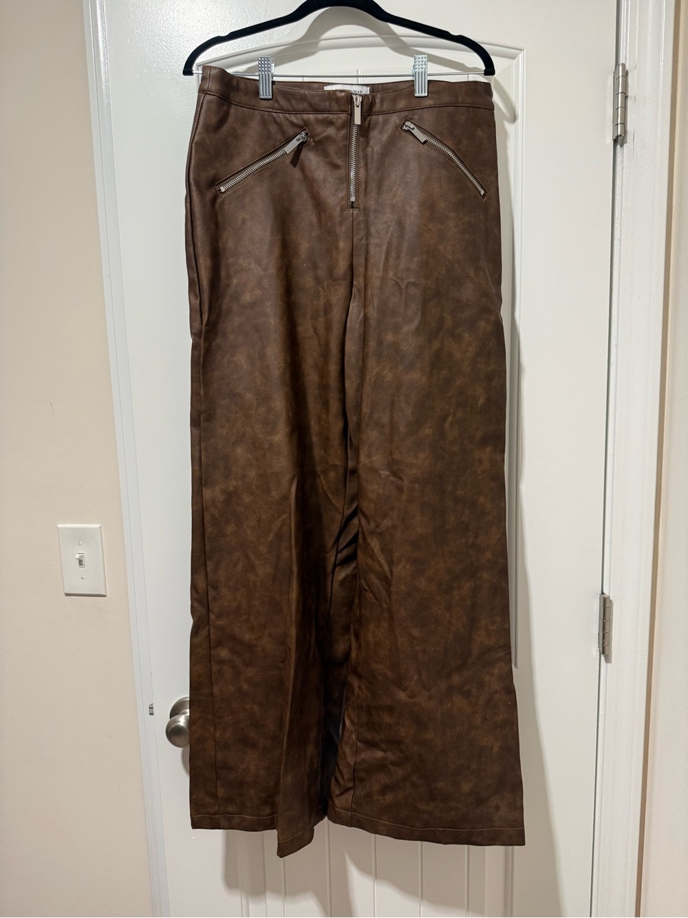 WeWoreWhat Brown Faux Leather Wide-Leg Trousers with Zip Details